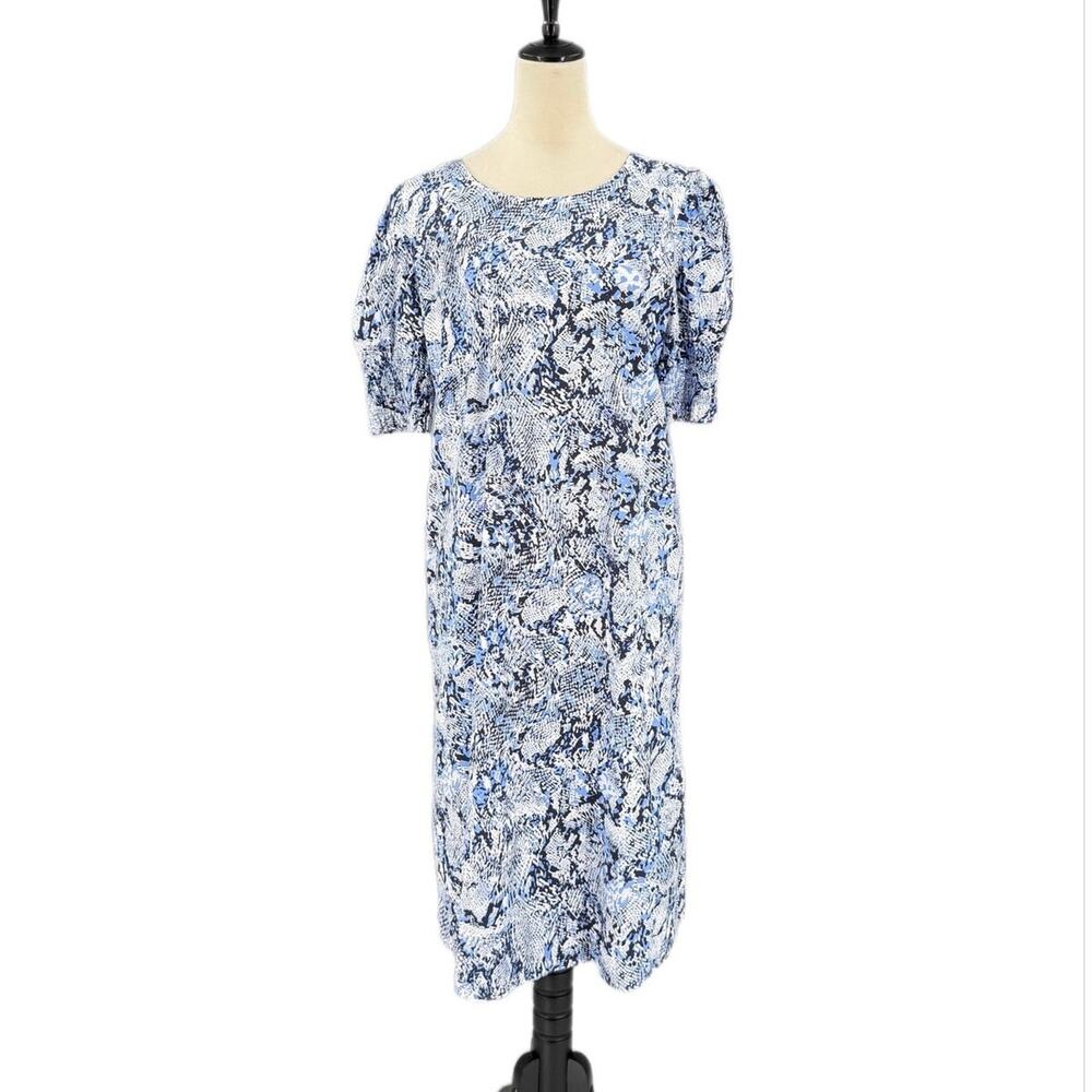 Chico’s Sz 1 Blue White Snake Print Cotton Workwear Office Breezy Midi Dress